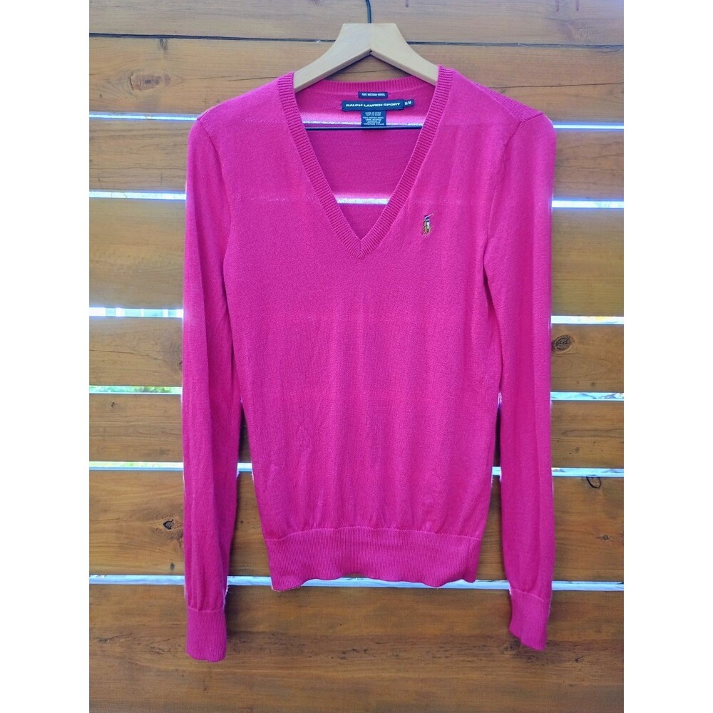 Ralph Lauren Sport 100% Merino Wool Sweater Medium Pink V Neck Pony Logo Ski